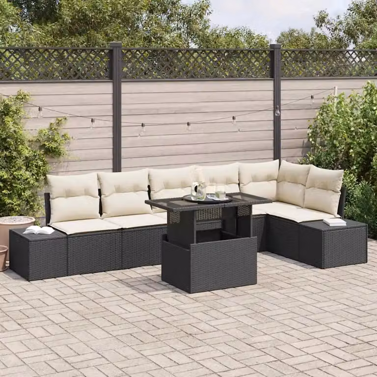 Set Divano da Giardino vidaXL 7 Pezzi a Forma di L con Tavolino, Nero e Beige
