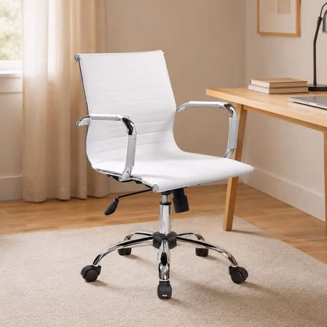 Sedia da ufficio DMORA moderna in ecopelle grigia e bianca con ruote e braccioli, L/P/H: 120 x 63 x 116 cm – 1