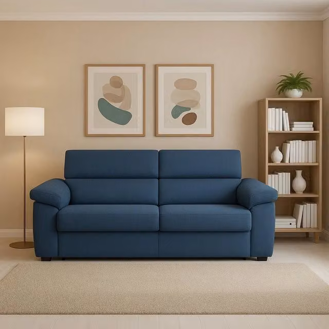 Divano Pisogne a 2 posti DMORA, modello moderno con rivestimento in tessuto blu e coperture sfoderabili, L: 185 cm, P: 95 cm, H: 100 cm – 1