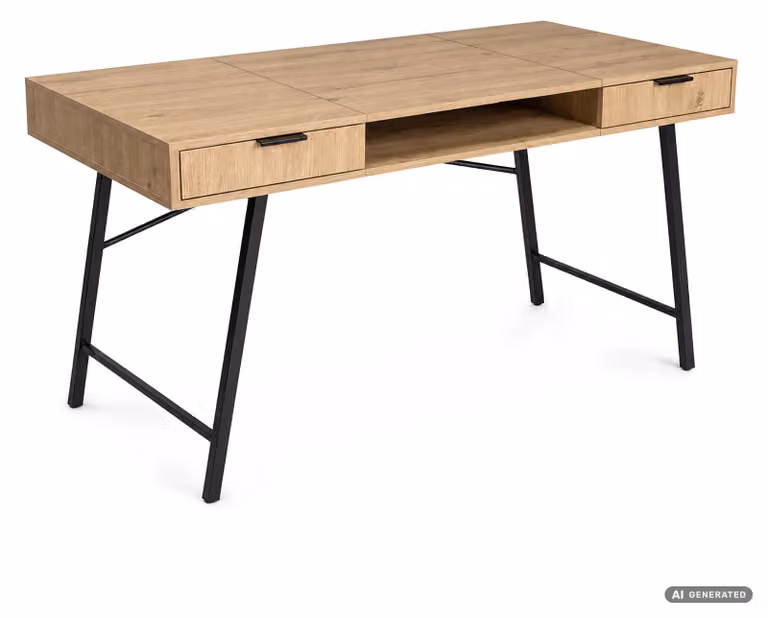 Scrivania industriale per computer Rovere Artisan ARDEN 120 cm 2 cassetti 1 ripiano gambe nere