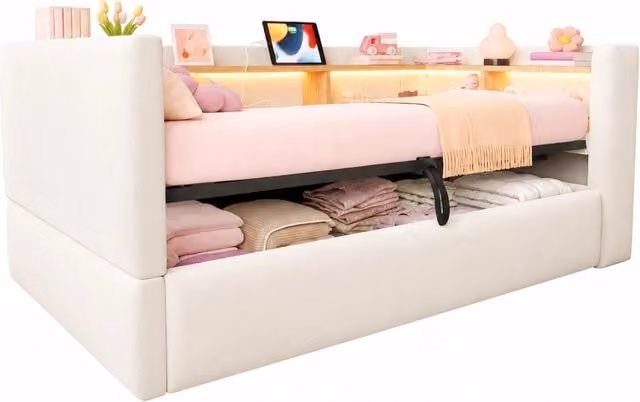 Divano letto singolo 90x190 cm con contenitore idraulico; LED e prese; flanella beige