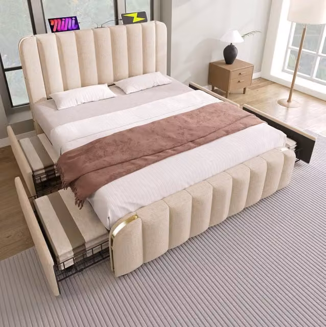 Letto matrimoniale imbottito 140x190 cm in lino beige con 4 cassetti; porte USB e Type-C