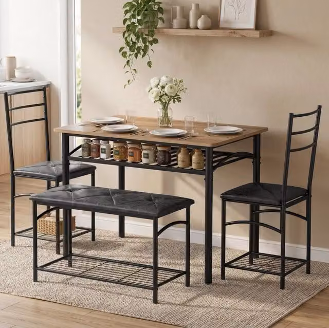Set da pranzo 4 pezzi 100x60x76,3 cm in metallo e legno marrone per piccoli spazi –