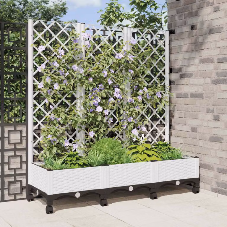 vidaXL Vaso da giardino con grigliato e ruote Bianco in plastica L: 120 cm, P: 40 cm, H: 131,5 cm
