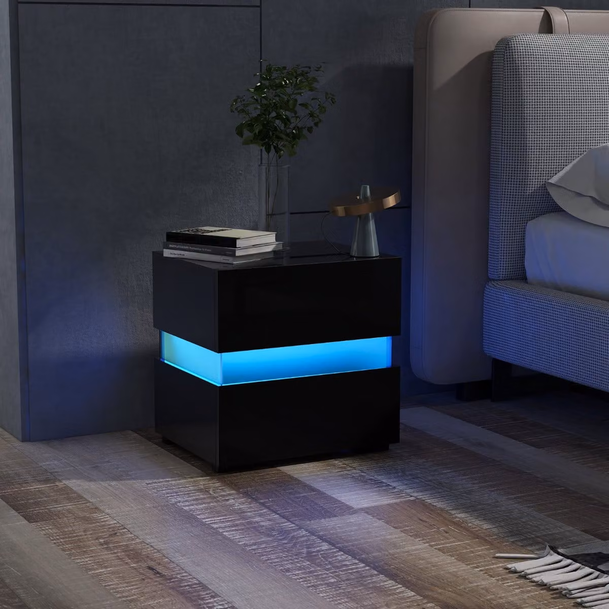 Comodino moderno Costway con illuminazione LED integrata e cassetti, tavolino laterale nero lucido con telecomando