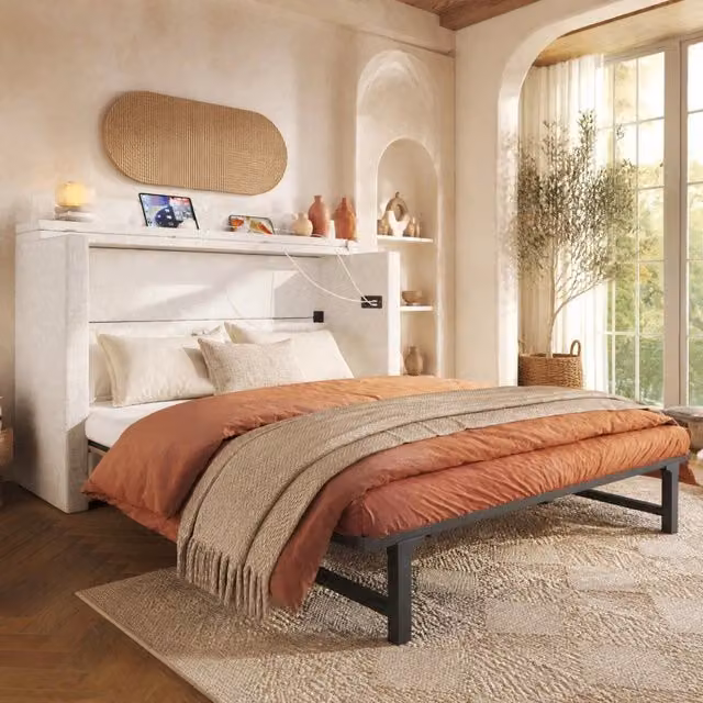 Letto a scomparsa mobile 140x200 cm beige con USB e cassetto