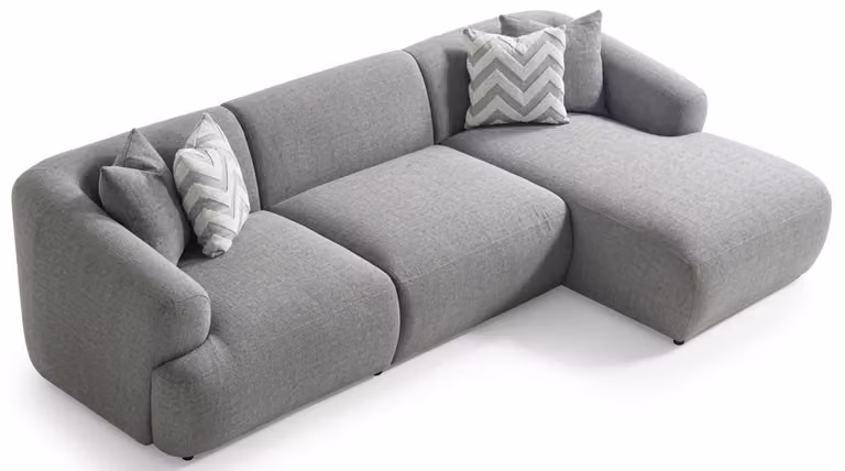 Divano ad angolo a forma di L, grigio, rivestito in tessuto, stile moderno, ideale per il soggiorno, confortevole