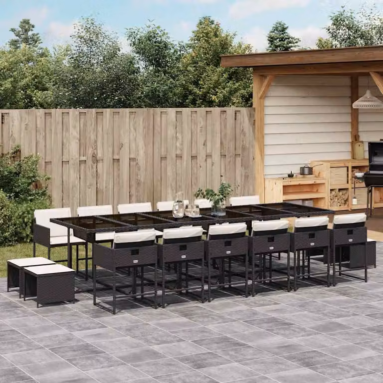 vidaXL Set da Pranzo da Giardino 17 pz in Polyrattan Nero con Cuscini Bianchi e Tavolo in Vetro