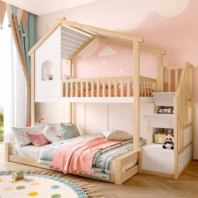 Letto a castello in pino bianco e naturale 90x200 + 140x200 cm a casetta con scala contenitore, senza materasso