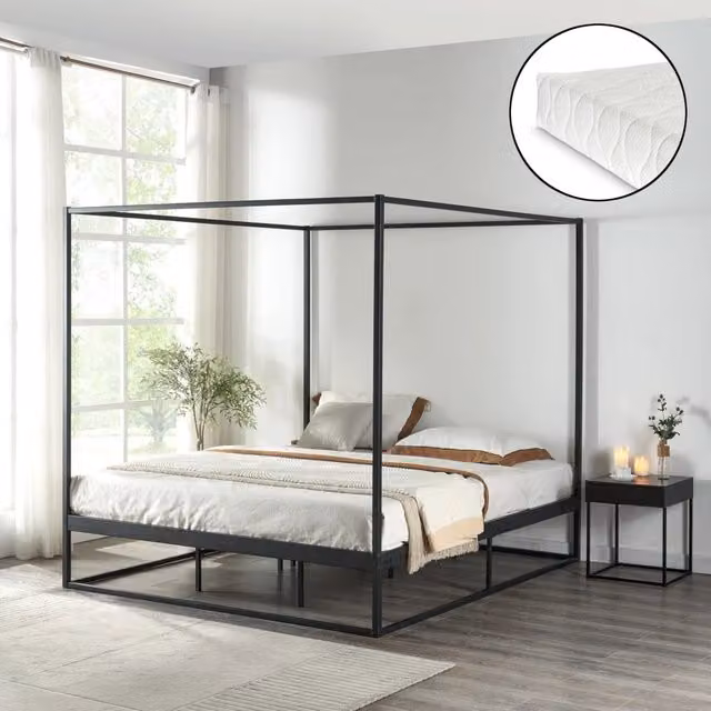 Letto a Baldacchino Kristianstad con Materasso 160 x 200 cm Metallo Nero [en.casa]