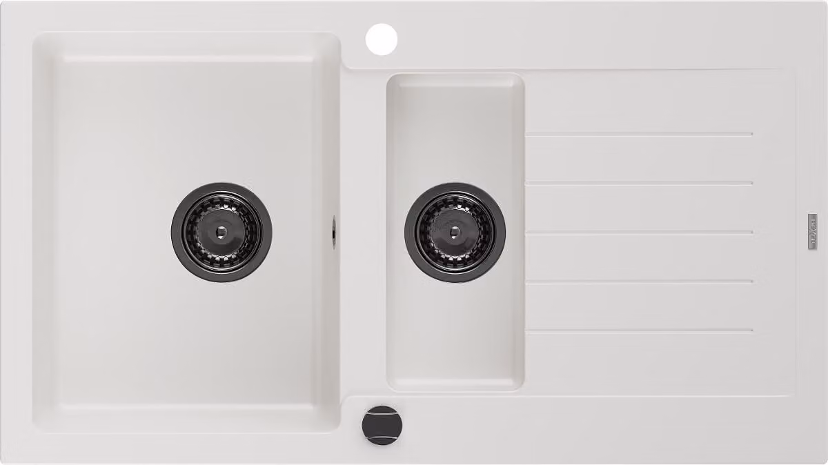 Mexen Matias lavello in granito 1,5 vasche con sgocciolatoio 900 x 505 mm, bianco, sifone nero - 6502901505-20-B