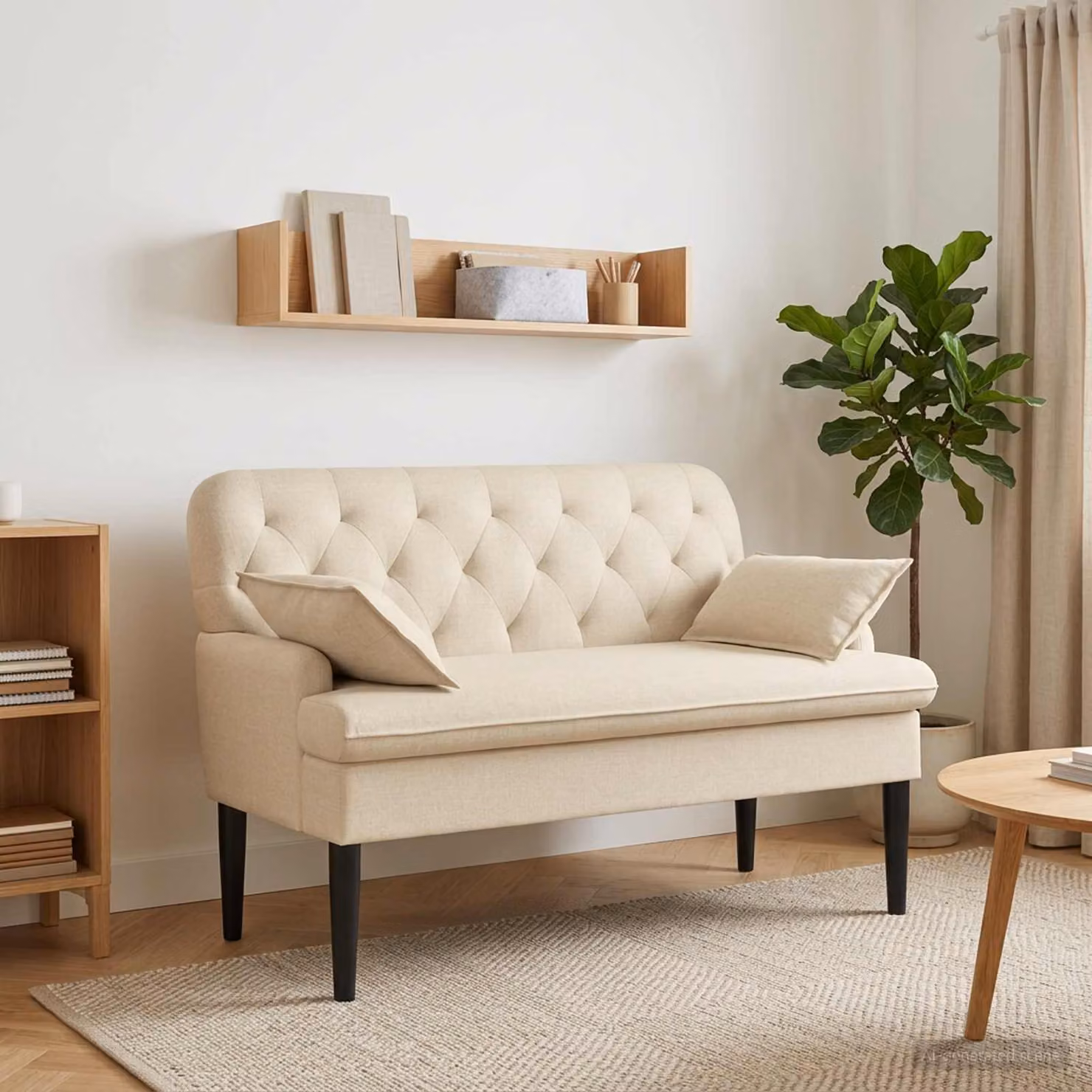 Loveseat vidaXL moderno in tessuto beige con bottoni imbottiti, L: 111 cm, P: 68 cm, H: 80 cm