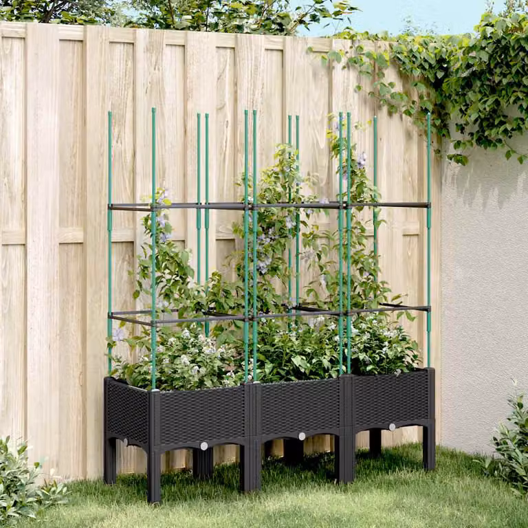 Fioriera da giardino con traliccio vidaXL nera in plastica L: 120 cm, P: 40 cm, H: 142,5 cm