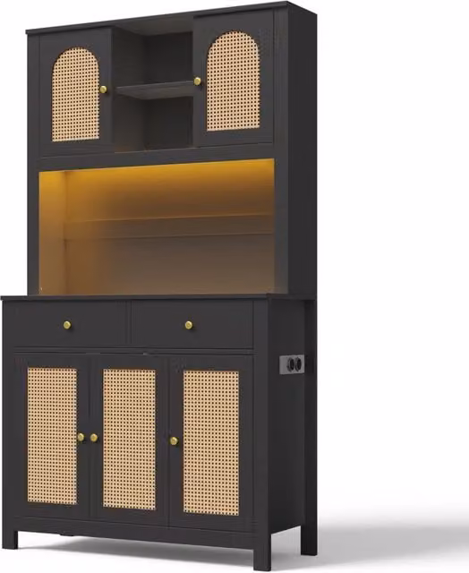 Mobile alto con 5 ante in rattan, 2 cassetti, illuminazione LED RGB e prese integrate, 100x40x180 cm per cucina e sala
