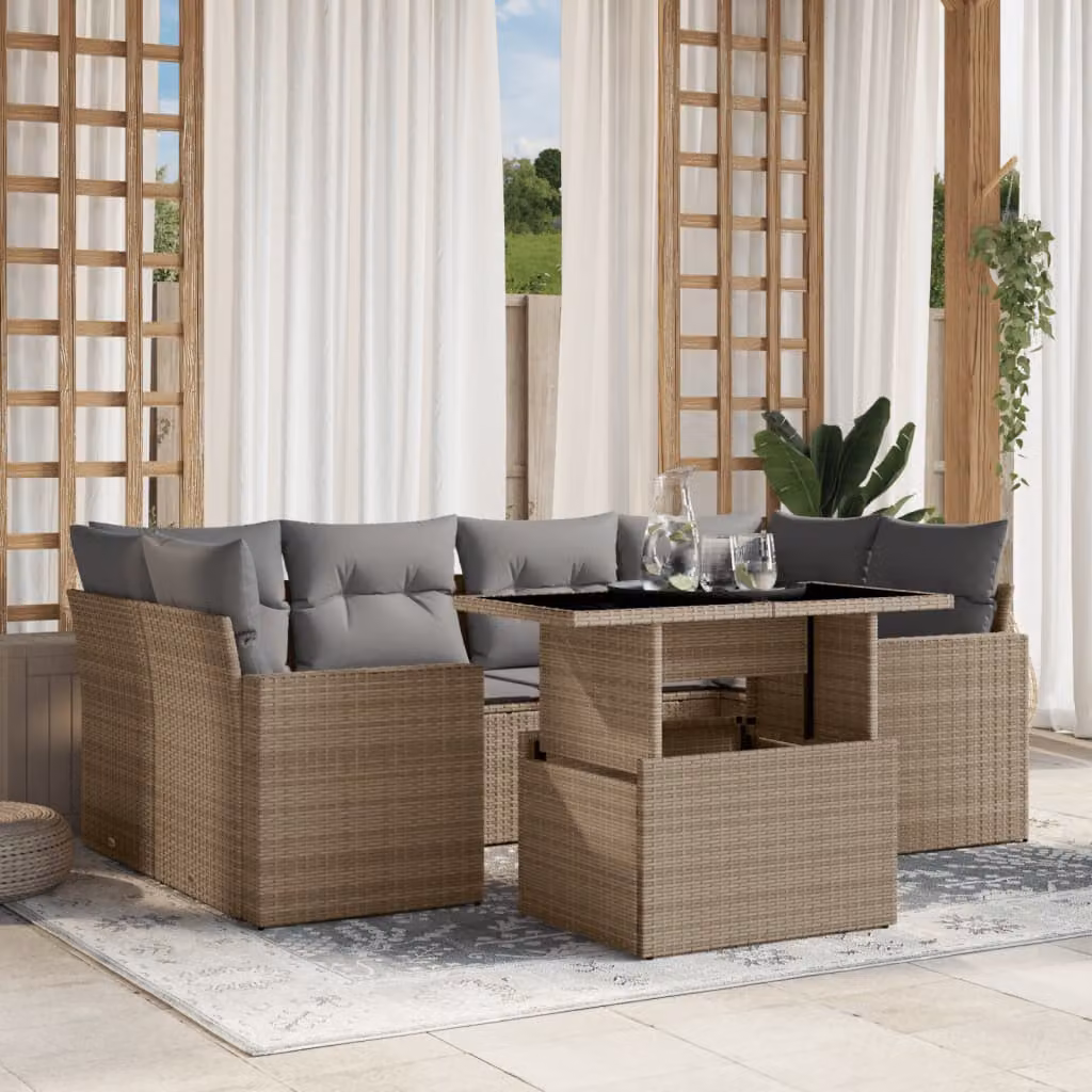 Set di divani da giardino vidaXL 7 pezzi in polyrattan beige con cuscini e tavolino da esterno a forma di L – 1