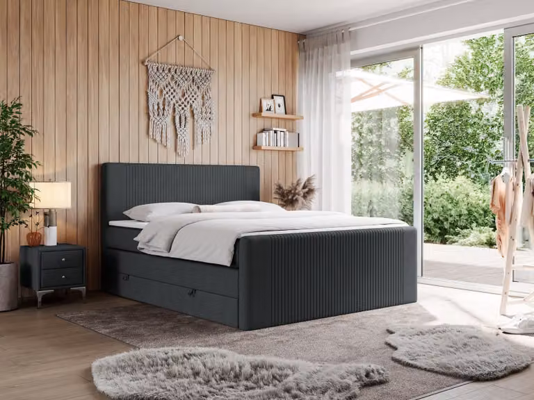 Letto boxspring, letto matrimoniale con materasso a tasche multiple e due contenitori - KING DOREN - 200x200 cm - Grigio scuro - H3