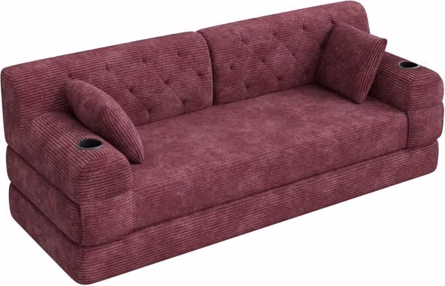 Divano letto 3 posti in tessuto a coste, schiuma ad alta densità, schienale alto, con 2 porta bevande e 4 tasche laterali, colore vino