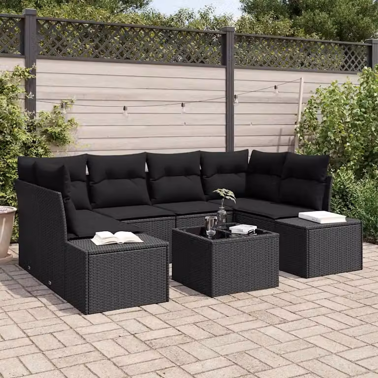 Set Divano da Giardino vidaXL a Forma di L in Polyrattan Nero con Cuscini e Tavolino da Esterno