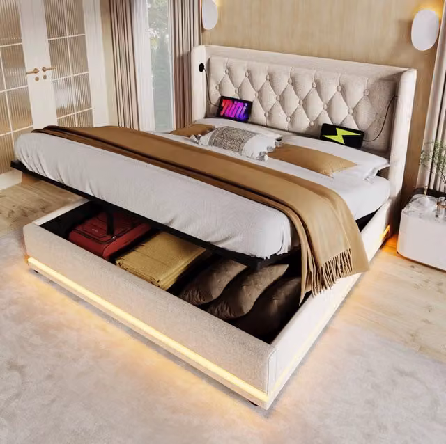 Letto matrimoniale imbottito 160x200 cm beige in cotone con contenitore idraulico, testiera imbottita con ricarica USB Tipo-C e illuminazione LED a 3 lati (con materasso)