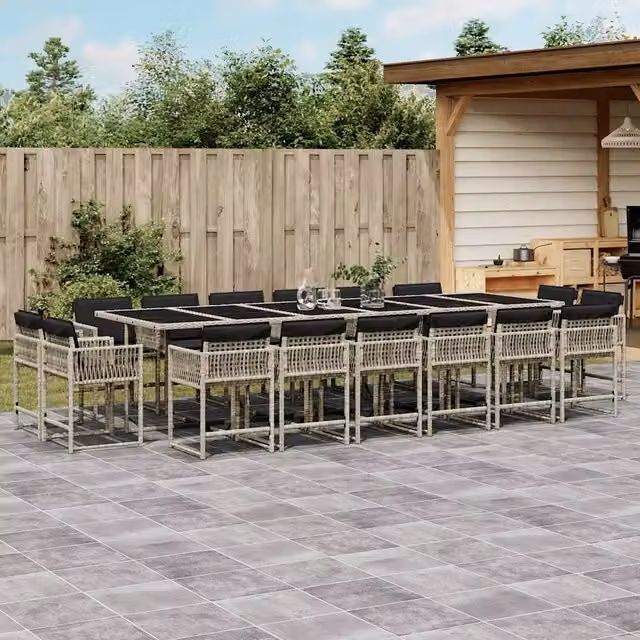 Set da pranzo da giardino vidaXL in polyrattan con cuscini e tavolo in vetro, 17 pezzi, Grigio Antracite e Nero – 1