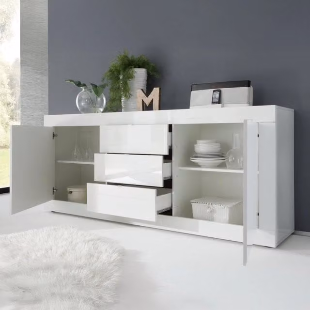 Madia Pasubio DMORA Credenza con 2 Ripiani Bianco Lucido L: 210 cm, P: 42 cm, H: 85.8 cm