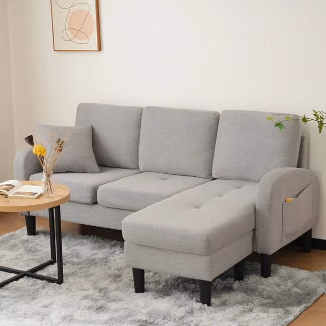 Divano Angolare con Chaise Longue 3 Posti ¨C MINIMAL ¨C Tessuto Cotone-Lino, Gambe in Plastica, 166x118x77