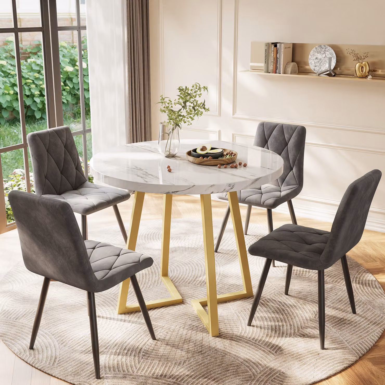 okwish Tavolo da pranzo rotondo, tavolo da pranzo con gambe in metallo, tavolo (design moderno effetto marmo) per sala da pranzo o soggiorno, 80x80x75 cm, bianco e oro