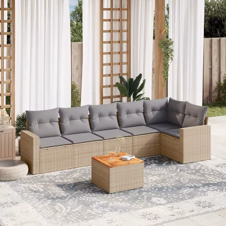 Set di divani da giardino vidaXL in polyrattan da 7 pezzi con cuscini beige e tavolino da esterno a forma di L