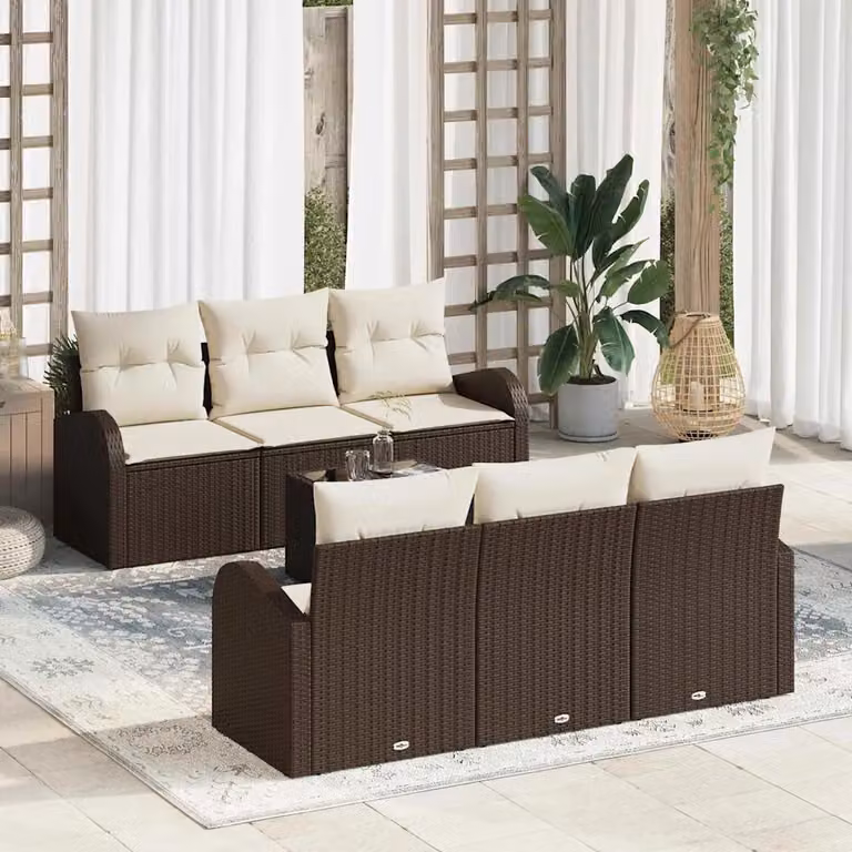 Set Divano da Giardino vidaXL 7 Pezzi Marrone con Cuscini e Tavolino in Polyrattan e Metallo