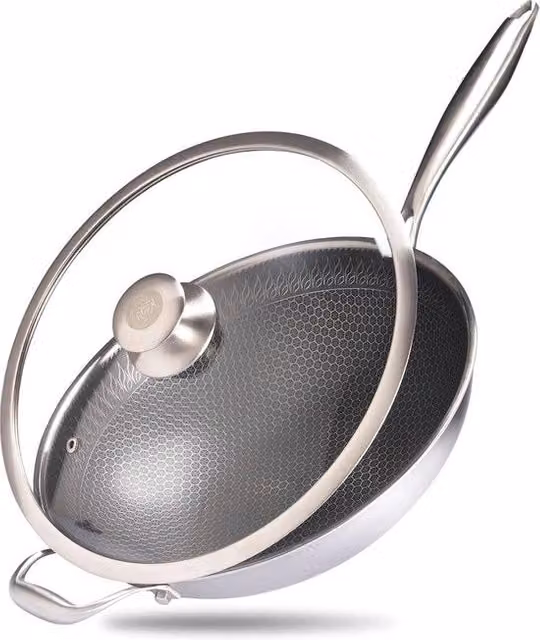 Wok in acciaio inossidabile 32 cm per tutti i fornelli, struttura a miele con trattamento antiscivolo, wok resistente alle abrasioni e al forno.