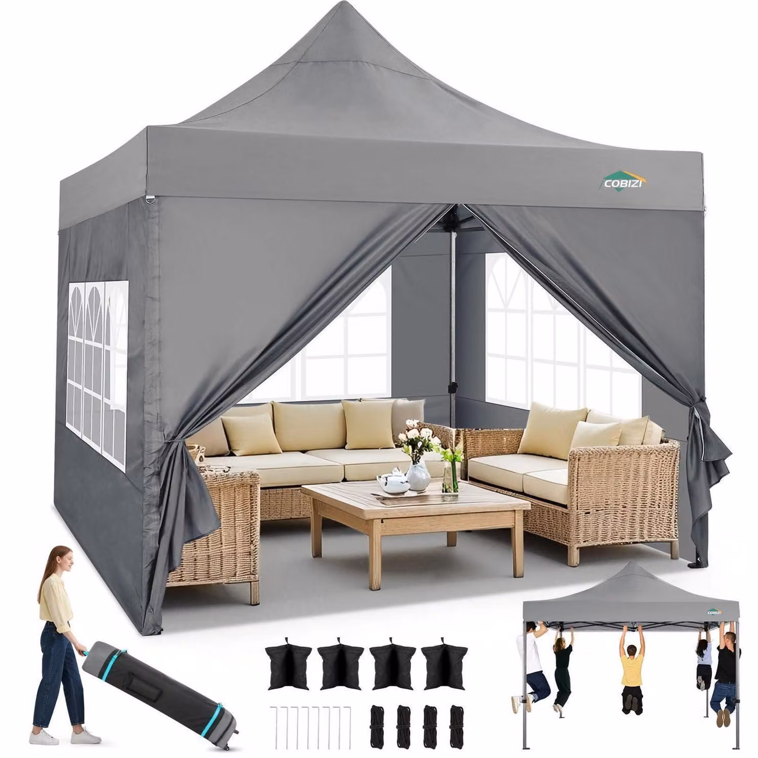 Gazebo da giardino pieghevole 3x3 metri, impermeabile, con pareti laterali grigie, ideale per l'inverno, completo di borsa per il trasporto