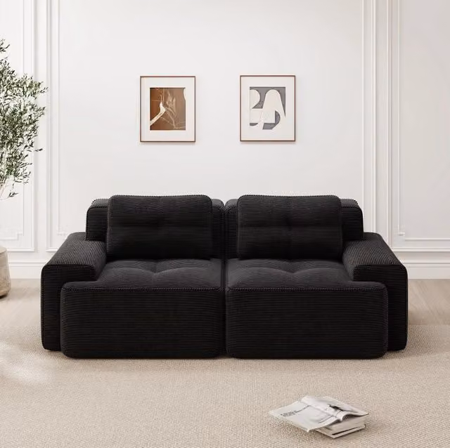 Divano modulare 204x104x69 cm in corduroy nero, a 2 posti, senza montaggio, per soggiorno –