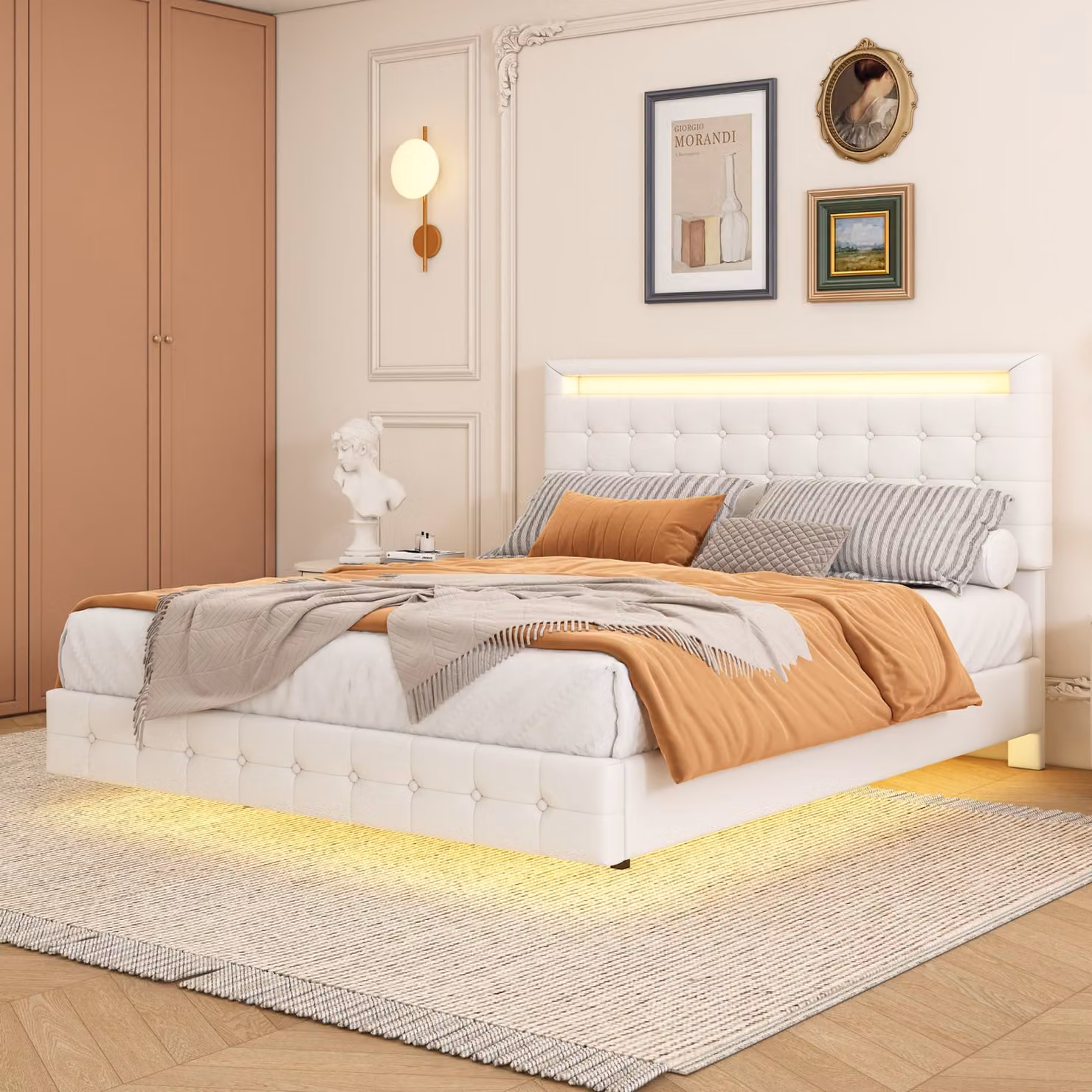 Letto imbottito Fortuna Lai 140x200cm, con illuminazione LED e rete a doghe, letto matrimoniale con testiera regolabile in altezza, struttura letto galleggiante, struttura letto imbottita, PU, bianco