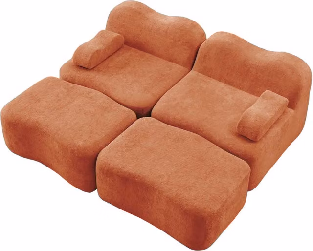 Divano modulare 2 posti con 2 pouf, schiuma ad alta densità 32D, rivestimento in velluto arancione, per soggiorno e appartamenti