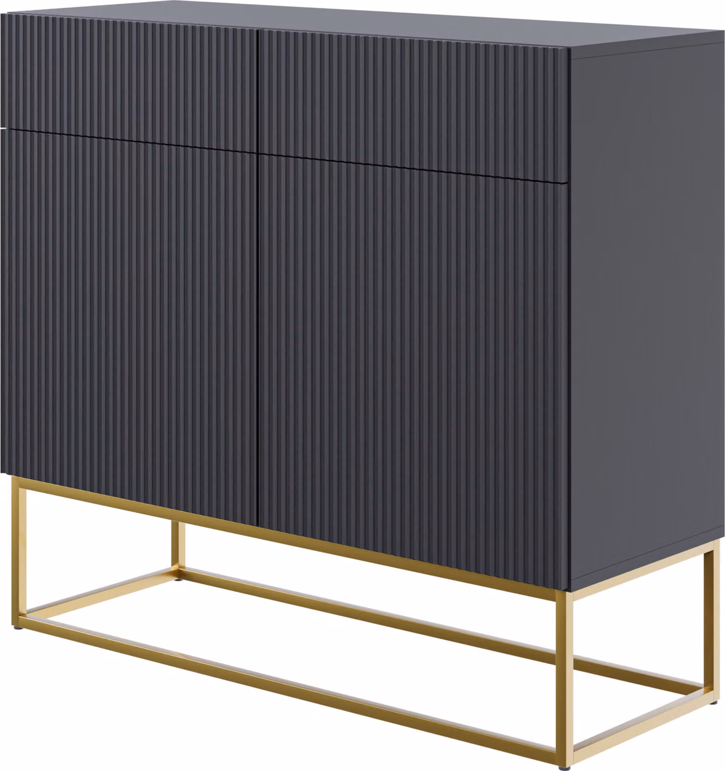 Selsey VELDIO - Credenza a 2 ante con 2 cassetti, nera con struttura in metallo dorato, larghezza 100 cm