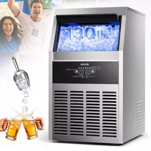 Macchina per Cubetti di Ghiaccio Commerciale Vevor in Acciaio Inox Color Argento con Display Digitale, Capacità 59 kg/giorno e Contenitore da 14 kg, Funzione Autopulente