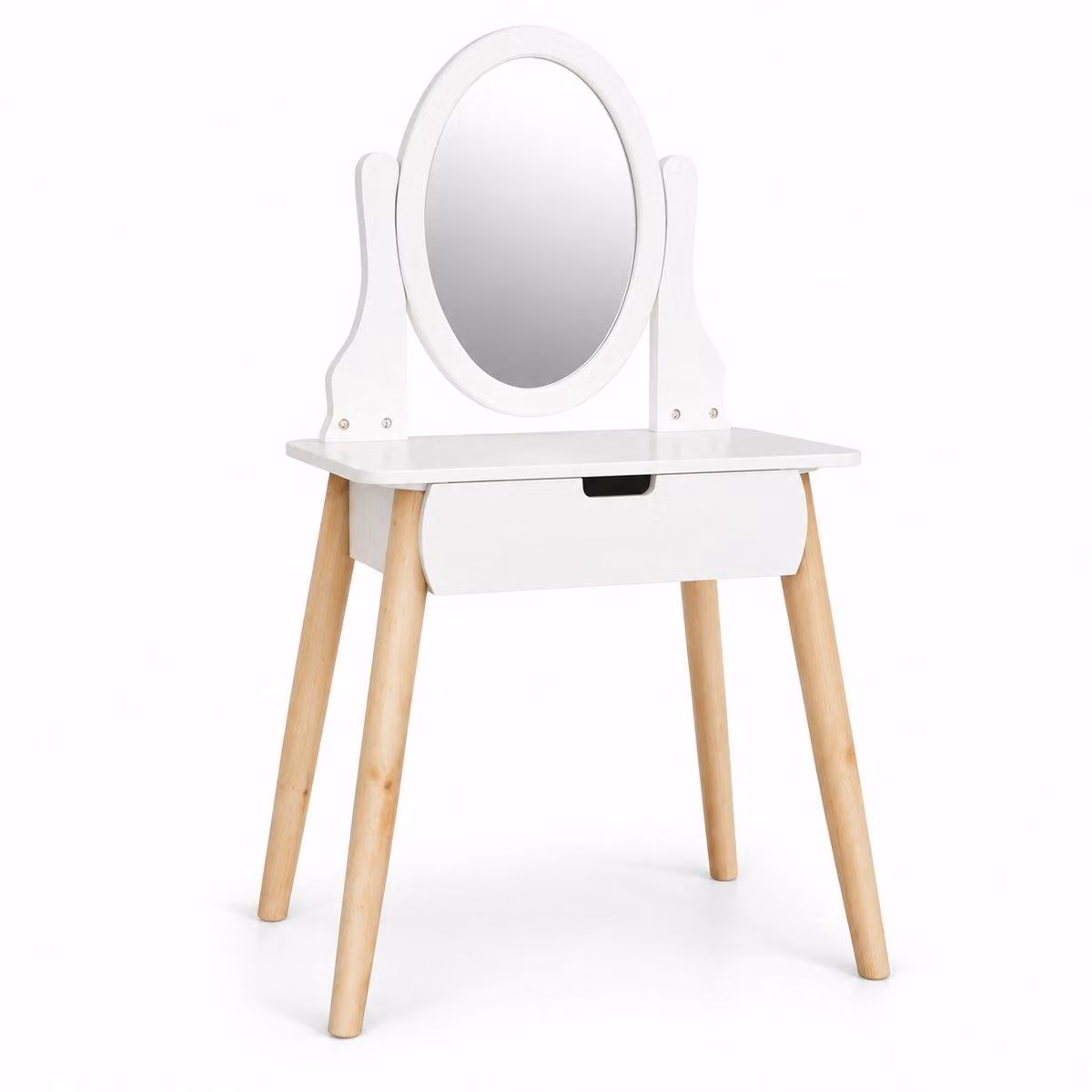 Comò da trucco per bambini con specchio e cassetto – Bianco/Naturale – 55 x 109 x 30 cm – Comò per la cameretta dei bambini