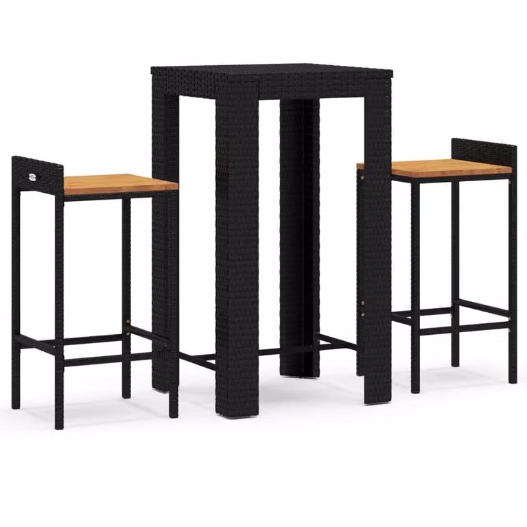 Set Bar Giardino 3 pz Nero Polyrattan e Legno Massello Acacia