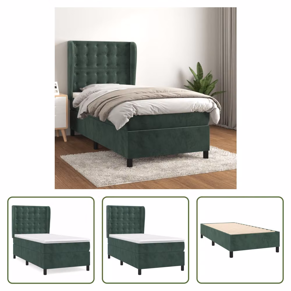 The Living Store Letto a molle con materasso verde scuro 90x200 cm in velluto