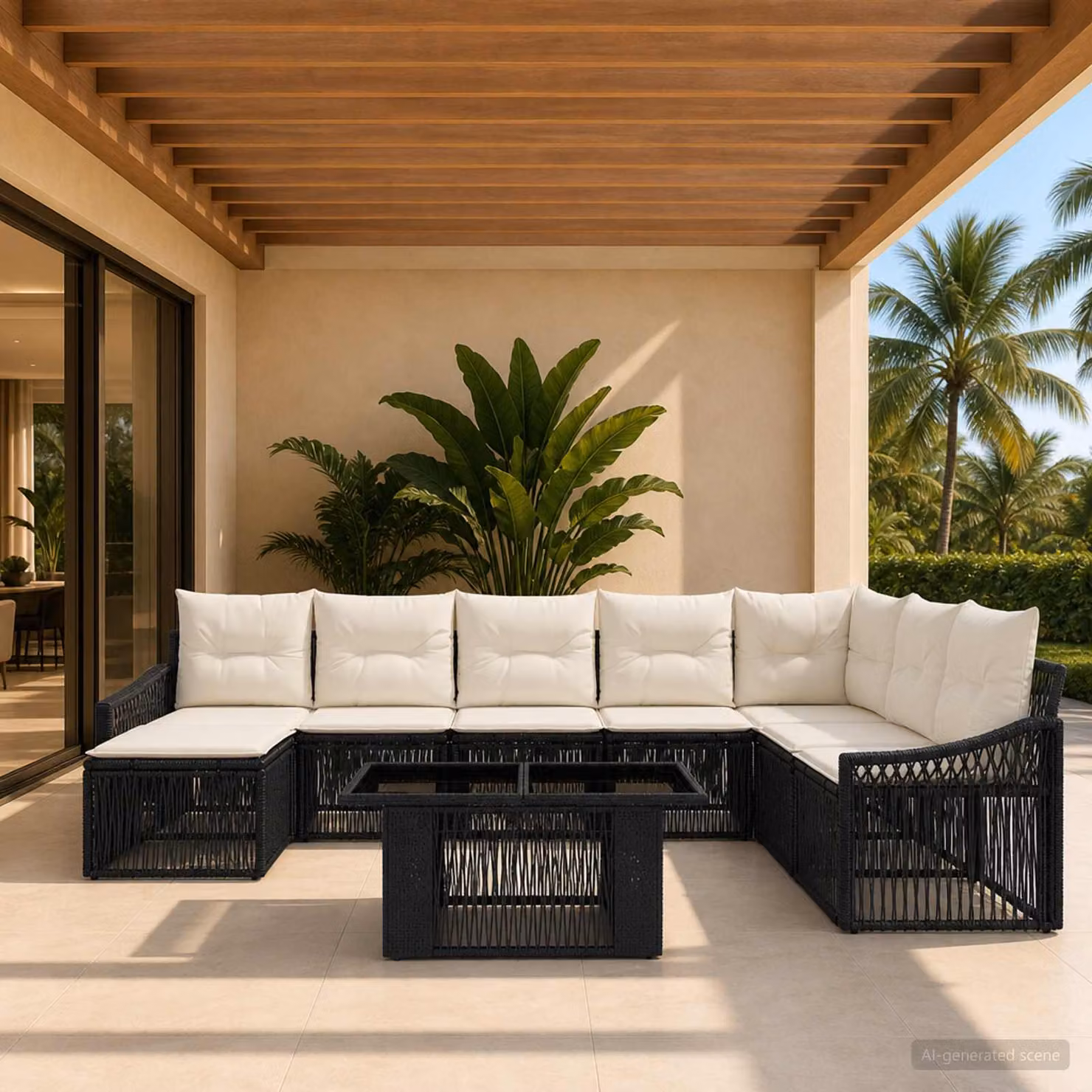 Set Divano da Giardino vidaXL 9 pz in Polyrattan con Cuscini, Colore Nero e Bianco Crema