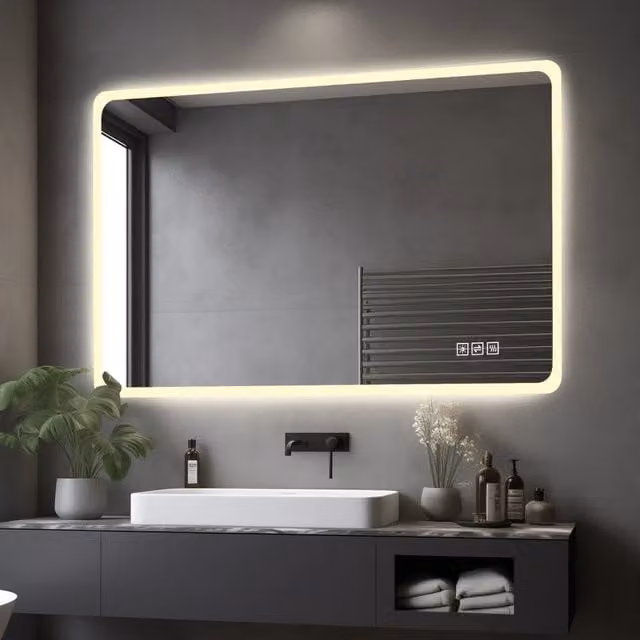 Specchio da bagno moderno OKWISH con luce LED dimmerabile, bordo in vetro satinato e funzione antiappannamento, colore argento