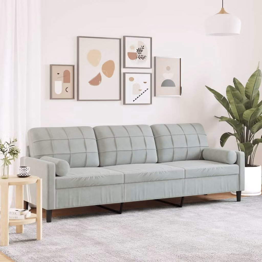 vidaXL Divano a 3 Posti Moderno in Velluto Grigio con Cuscini e Coperture Rimovibili L: 226 cm, P: 80 cm, H: 77 cm
