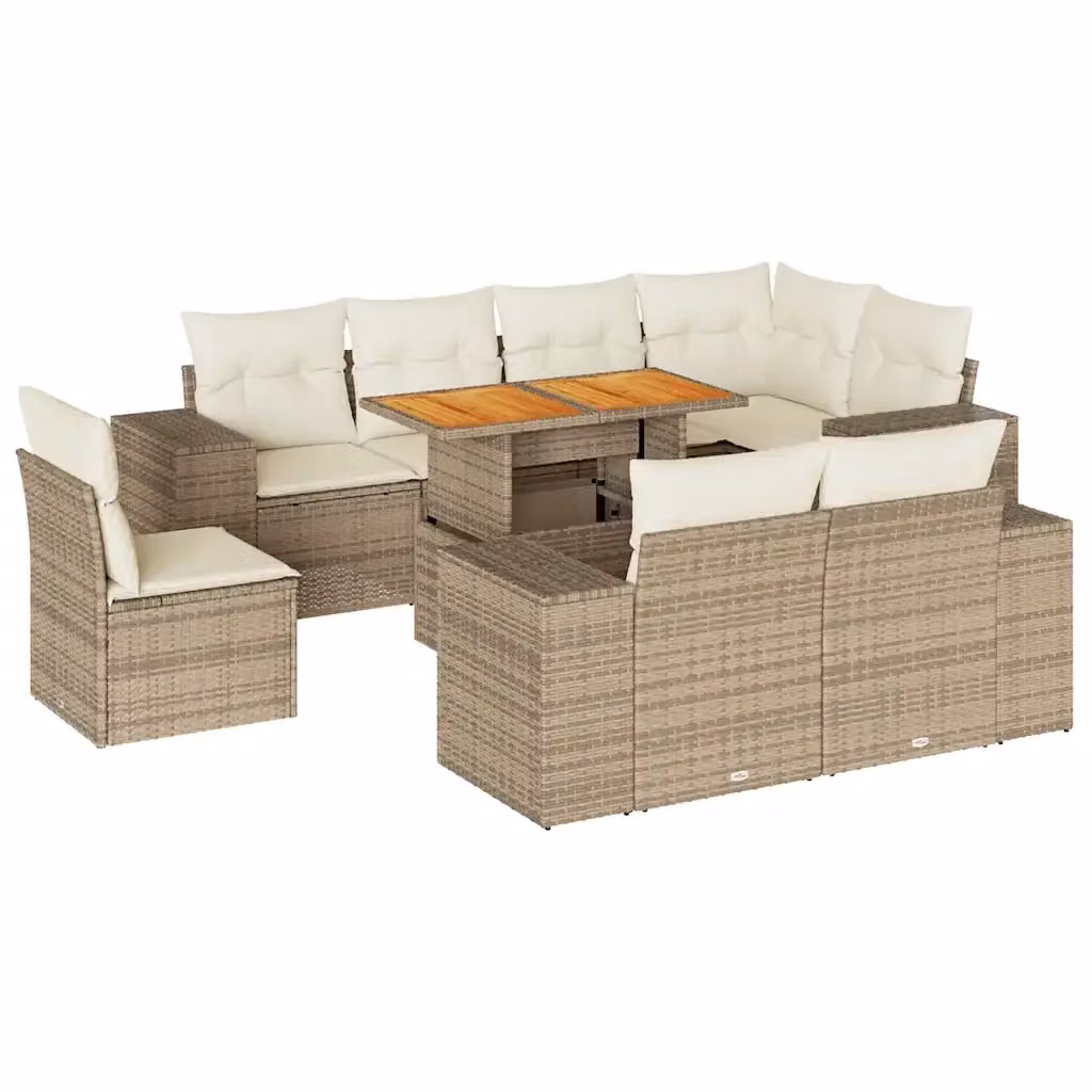 Set Divano da Giardino vidaXL 9 pz in Polyrattan con Cuscini Beige e Struttura in Legno di Acacia Oliato – 2