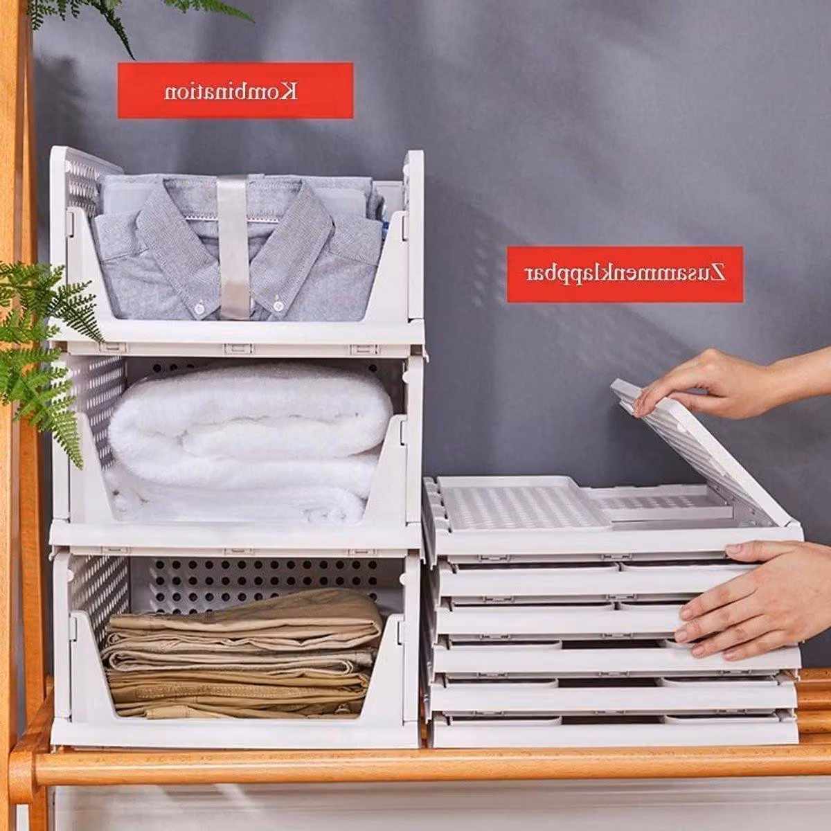 Contenitori impilabili e pieghevoli: 3 scatole per riporre vestiti, articoli da cucina e accessori per il bagno – organizer in plastica per un utilizzo efficiente dello spazio