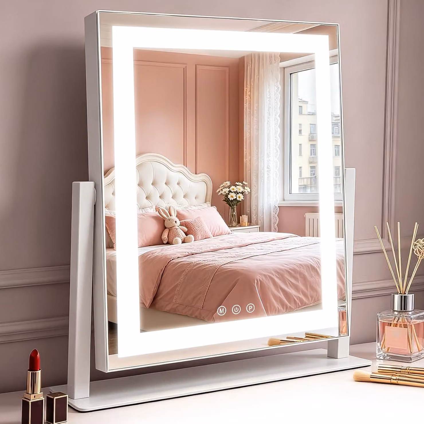 Specchio da trucco a LED ZMH con illuminazione, 25×30 cm, 3 modalità, specchio da toeletta, piccolo specchio cosmetico, specchio da tavolo con luce, specchio da trucco, dimmerabile tramite tocco