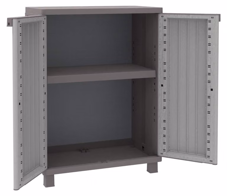 Mobile basso in plastica, dimensioni 68x37,5x91,5 cm, colore grigio/taupe, con 2 ripiani