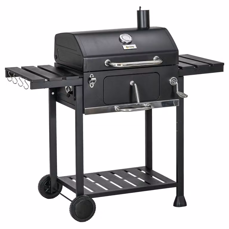 Griglia per barbecue Moonbite a carbone, modello carrello, dimensioni 120 x 64 x 114 cm, con 2 griglie, sistema di caricamento del carbone manuale, altezza regolabile, ripiani pieghevoli e 8 ganci, acciaio inossidabile, colore nero