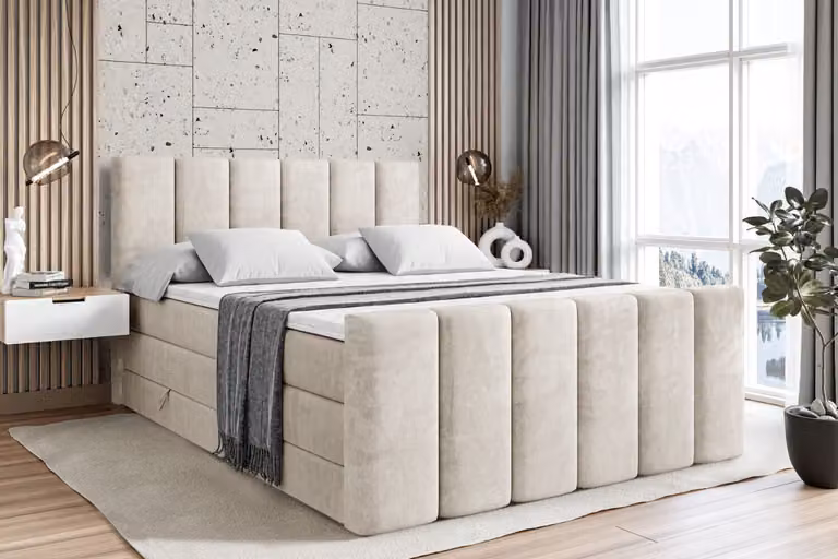 Letto boxspring ALTDECOR con pediera, 2 materassi e topper - 200x200 cm - BOXI1-Z KING - Velluto color taupe - Letto imbottito con materassi H3 e H4, contenitore e rete a doghe, letto con spazio contenitivo