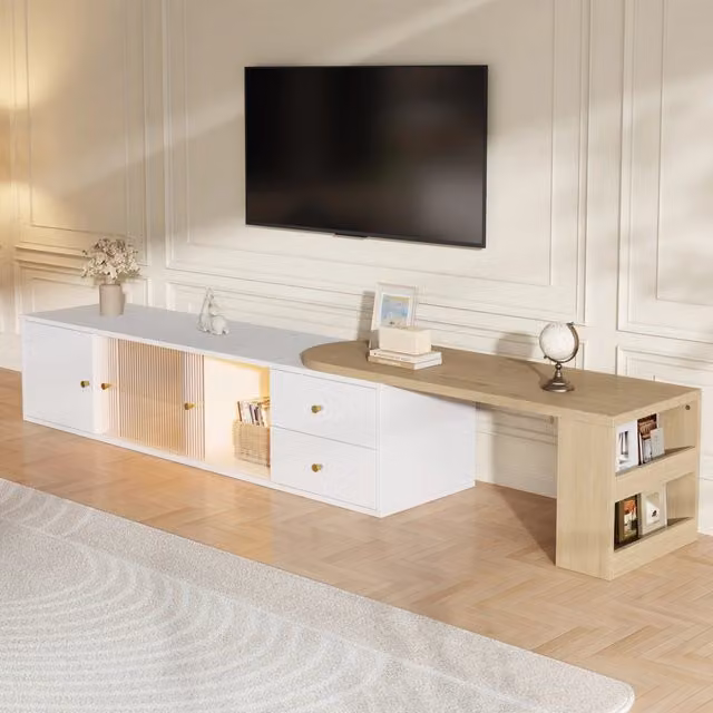 Mobile TV moderno bianco e legno 175x40x35,5 cm con illuminazione LED, estensibile, 2 cassetti, 2 ante scorrevoli in vetro, 1 vano, ripiano laterale