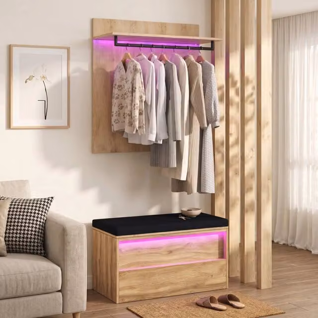 Set guardaroba da ingresso con 2 strisce LED regolabile in altezza in MDF naturale